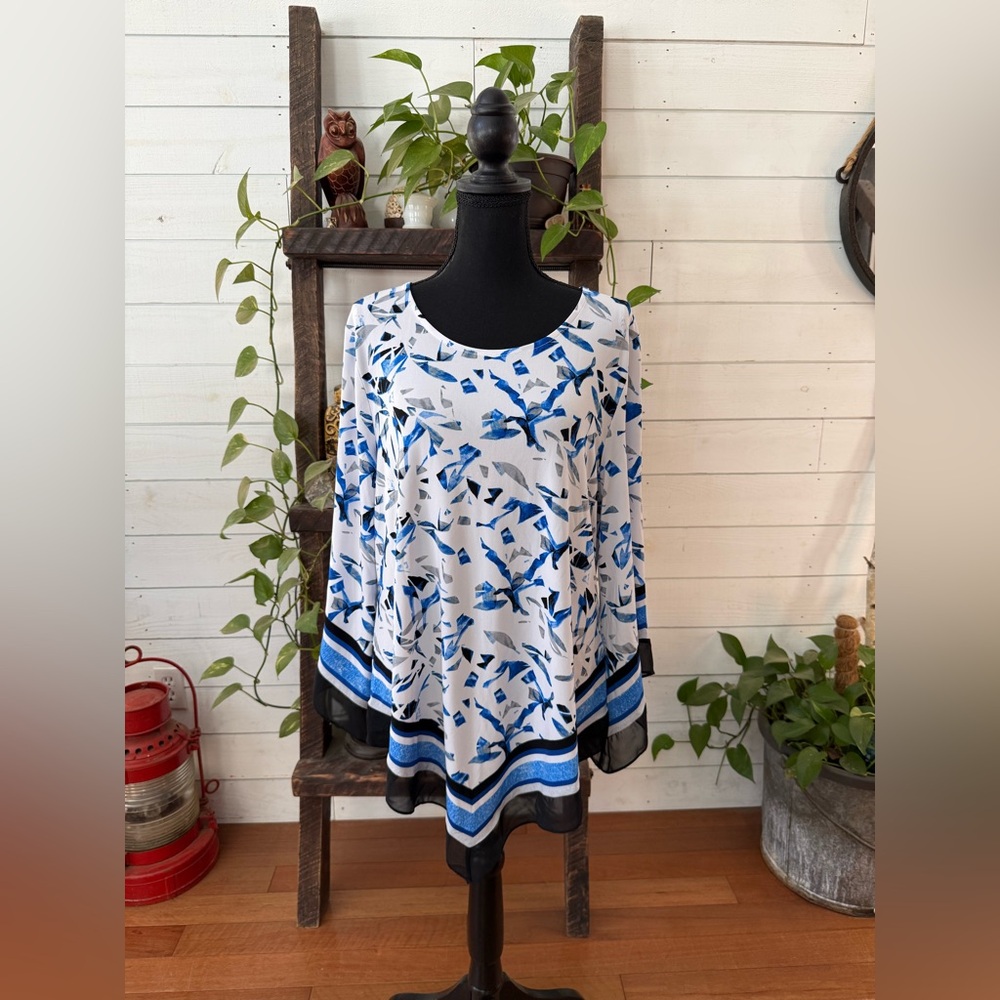 Alfani Blue and White Patterned Tunic Top with Flared Tapered Sleeves